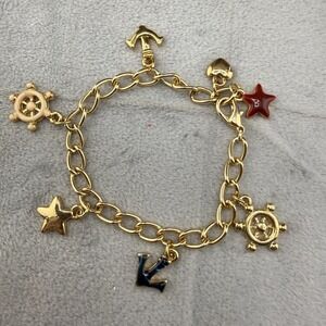 Vintage Estate Charm Bracelet Gold Tone Nautical Ocean Anchor Ship Wheel 7"